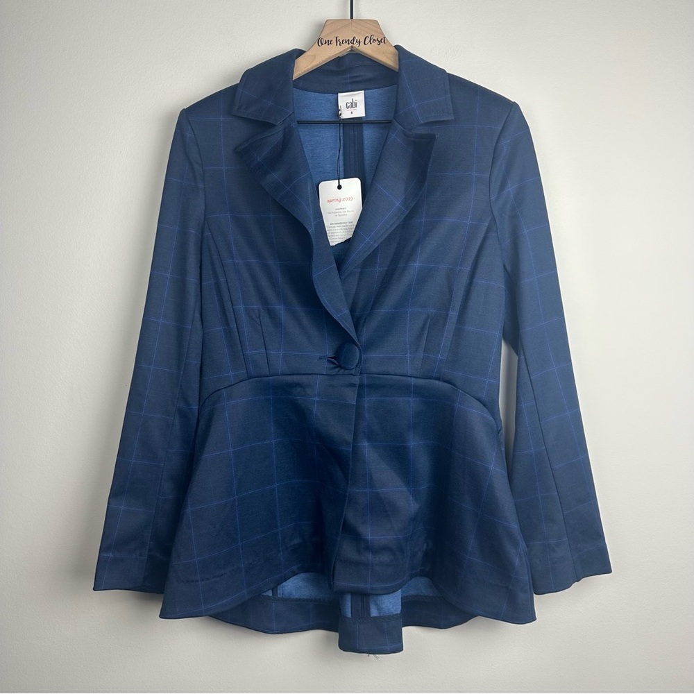 CABI NWT Blazer Blue Windowpane Sunset Kiss Check Plaid One Button Jacket Size 6